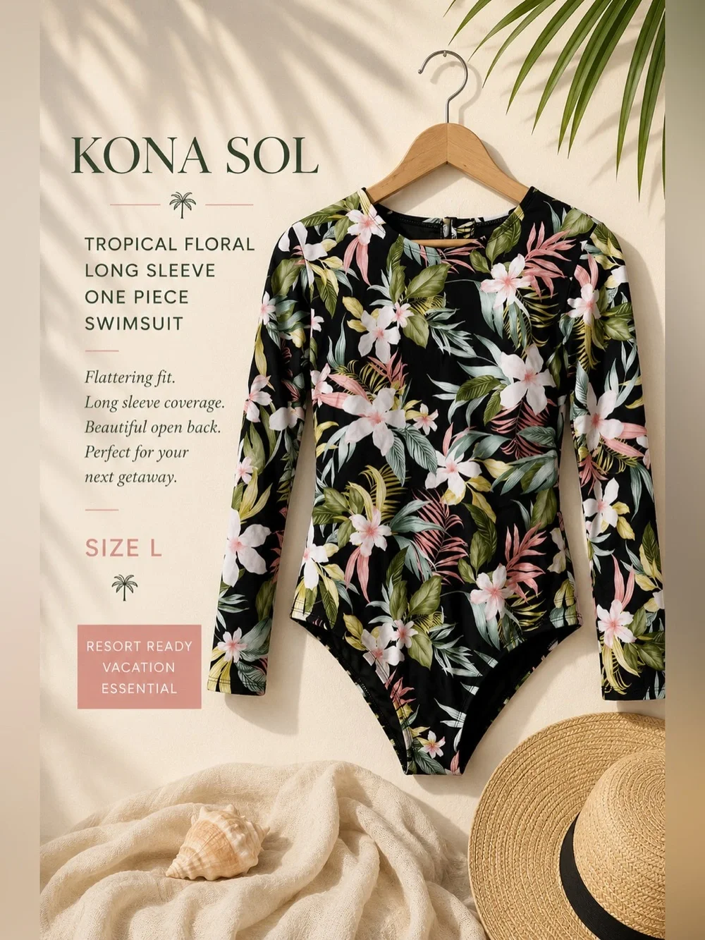 Kona Sol Tropical Floral Long Sleeve One Piece Swimsuit Size L
